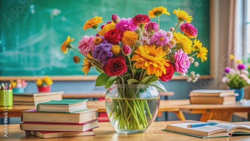 Vibrant flowers overflowing from a delicate vase sit atop a cluttered classroom desk surrounded by textbooks and learning materials.