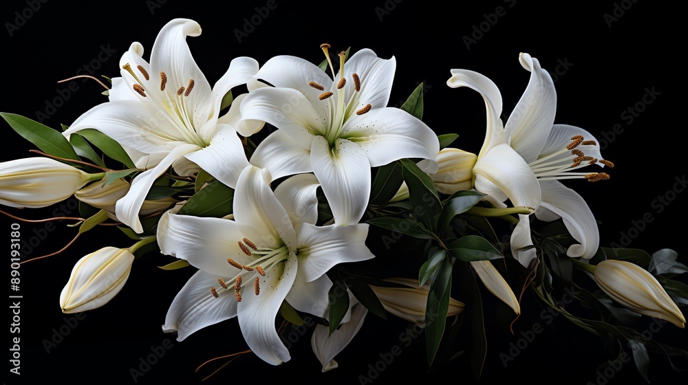 Close-up of white lilies with green leaves on a black background. Close-up of white lilies with green leaves on a black background.