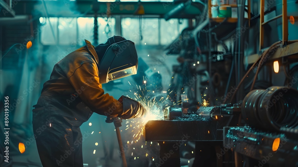 A skilled welder in protective gear meticulously joins metal parts using a welding torch in an industrial workshop, surrounded by sparks and equipment A skilled welder in protective gear meticulously joins metal parts using a welding torch in an industrial workshop, surrounded by sparks and equipment