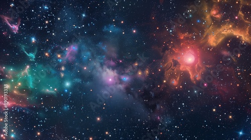 Marvel at a distant galaxy, where colorful nebulae swirl amidst twinkling stars in the vastness of space.