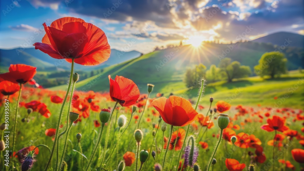 Obraz premium Vibrant red poppies sway gently in the breeze amidst a sea of lush greenery in a serene, sun-kissed meadow landscape.