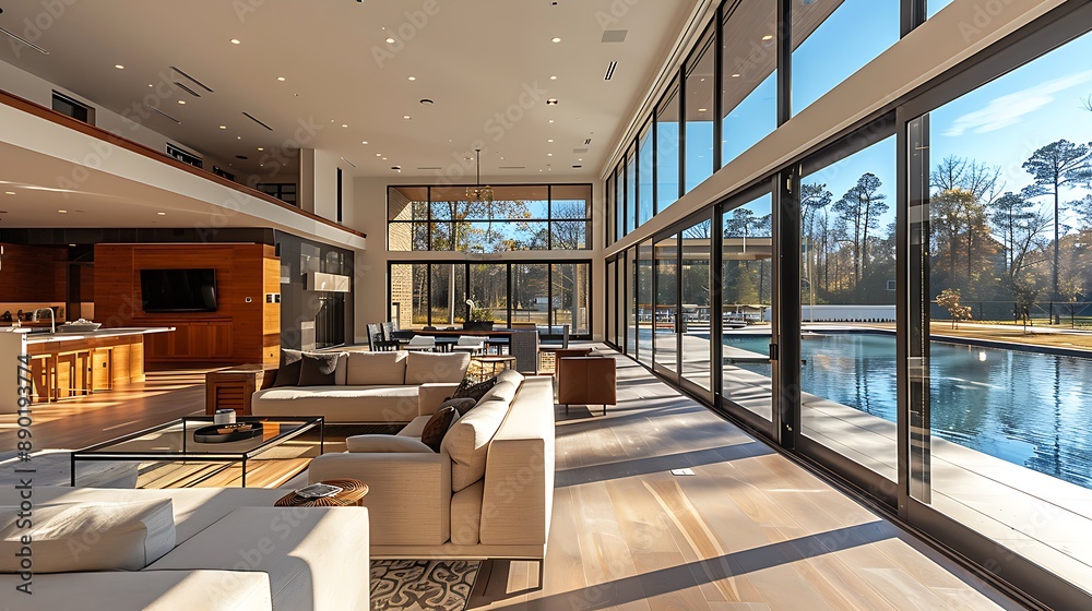 Minimalist open-concept living area with minimal furniture and large windows. Minimalist open-concept living area with minimal furniture and large windows.