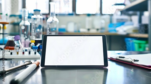 A tablet with a blank white screen resting on a desk in a science lab, with lab equipment and safety goggles nearby, creating a dynamic education environmen