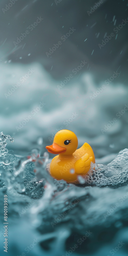 Yellow toy plastic duck floating in the raging ocean water Yellow toy plastic duck floating in the raging ocean water