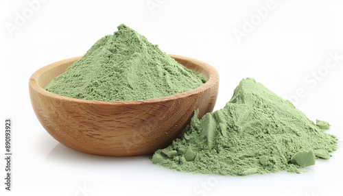 French green clay powder in wooden bowl on white. Dry ingredient for cosmetic mask. Skin care.