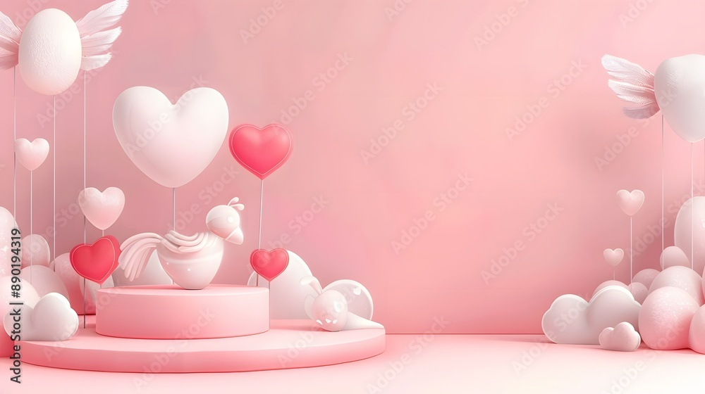 Happy valentines day podium decoration with heart shape balloon, gift box, confetti, 3D rendering illustration Happy valentines day podium decoration with heart shape balloon, gift box, confetti, 3D rendering illustration