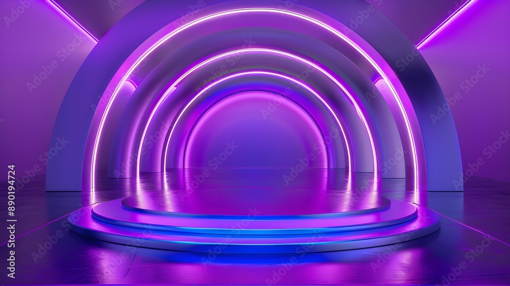 Obraz premium A vivid neon purple arch over a circular platform creates a mood of futuristic mystery in an ambiently lit room