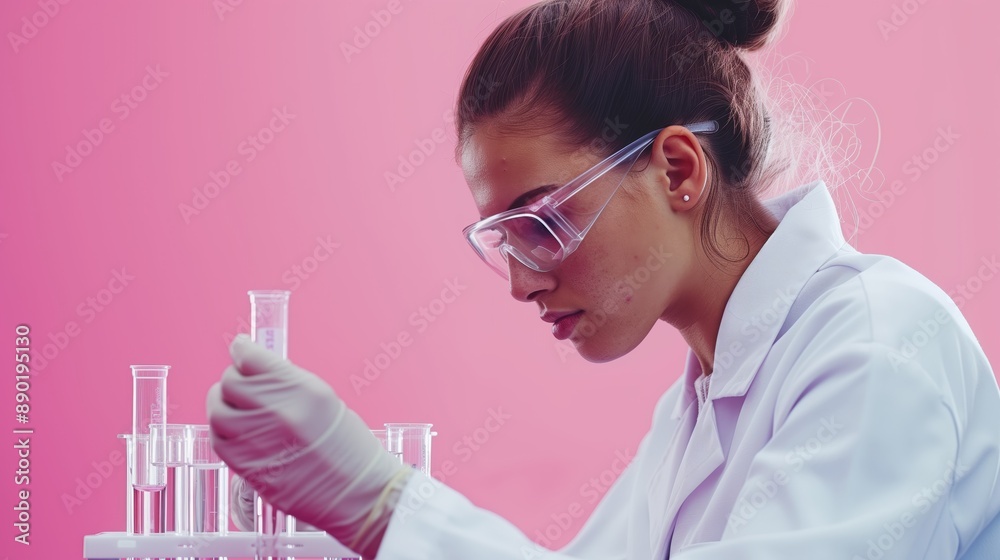 Female scientist conducts an experiment using test tubes in a laboratory setting with a pink background.