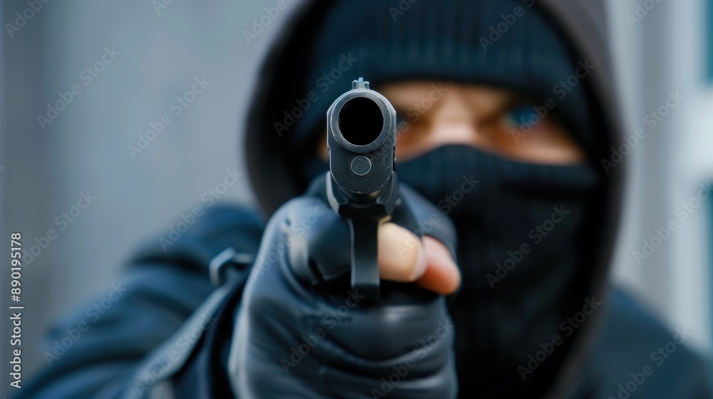 Close-up of a masked man aiming a gun straight at the camera, conveying danger and intimidation. Close-up of a masked man aiming a gun straight at the camera, conveying danger and intimidation.