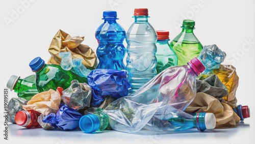 A collection of discarded, crushed, and twisted plastic water bottles in assorted shapes, isolated on a plain white background.
