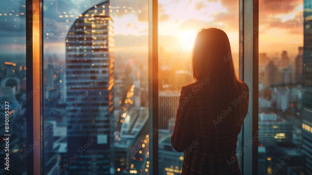 A businesswoman stands by office windows, overlooking a cityscape bathed in the warm hues of a sunset. A businesswoman stands by office windows, overlooking a cityscape bathed in the warm hues of a sunset.