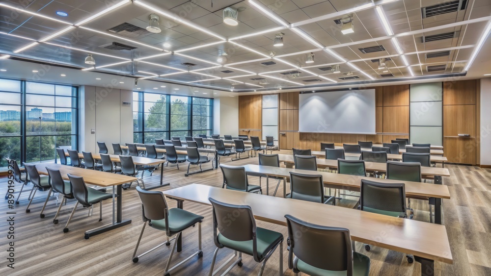 Modern lecture hall with empty chairs, tables, and projection screen, ready for corporate training, education, or conference event. Modern lecture hall with empty chairs, tables, and projection screen, ready for corporate training, education, or conference event.