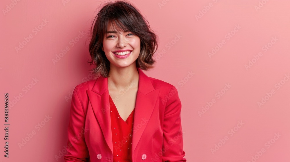 Smiling woman in red outfit standing against a pink background, radiating cheerfulness and confidence. Smiling woman in red outfit standing against a pink background, radiating cheerfulness and confidence.