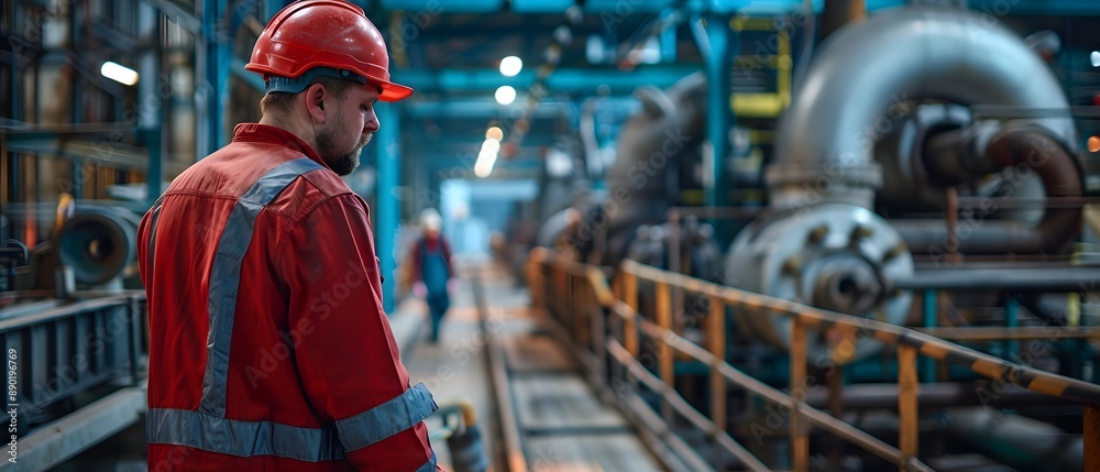 Worker in red jumpsuit and hard hat stands in industrial setting. Worker in red jumpsuit and hard hat stands in industrial setting.