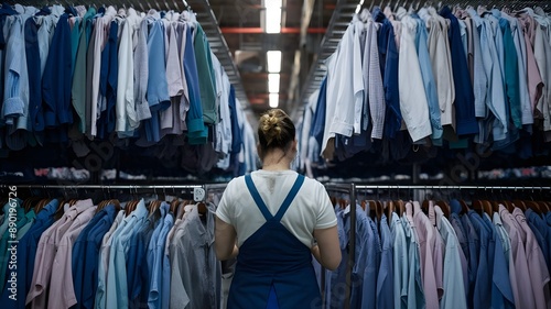 A woman working in a spacious warehouse, packed to the brim with countless shirts of various colors and patterns hanging on neatly organized metal racks. photo