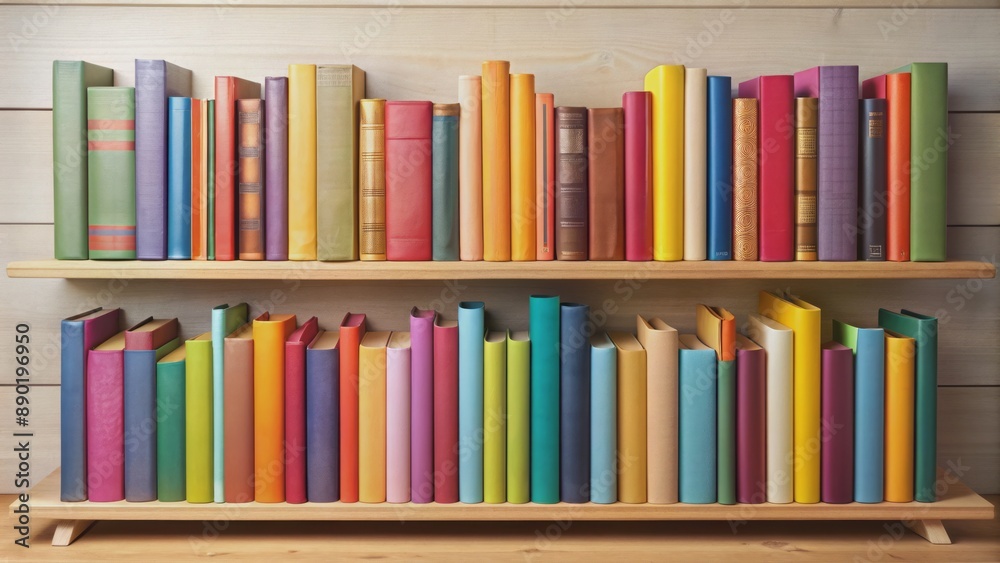 Vibrant stacks of assorted literature in varied hues against a subtle background with slight shadows and soft, warm lighting. Vibrant stacks of assorted literature in varied hues against a subtle background with slight shadows and soft, warm lighting.