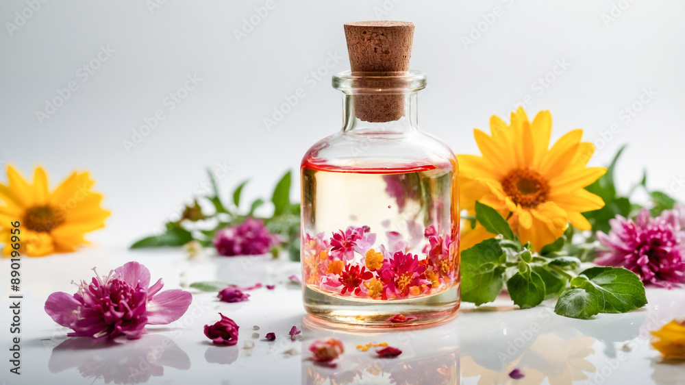 Close-up of flower essential oil in a glass bottle on a white background. Freshness of aromatherapy with a sprinkling of flowers. AI-Generated