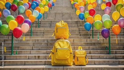 Vibrant yellow backpacks and lunchboxes sit atop a staircase, surrounded by colorful balloons, symbolizing courage and determination in uncertainty. photo