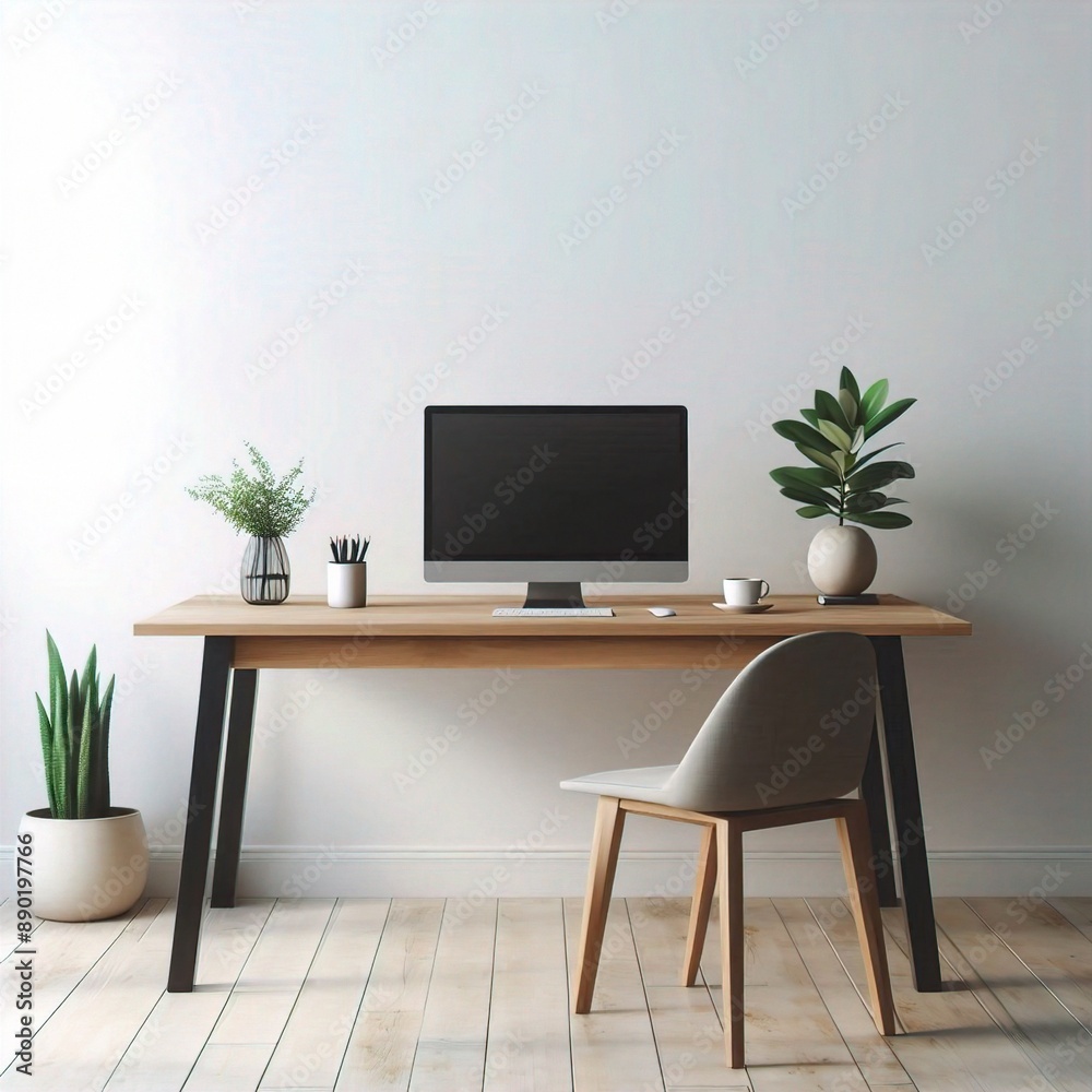 modern office interior with desk, office desk with computer isolate on the white background