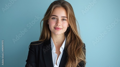 Young professional woman with a confident smile in a business suit standing against a blue background.