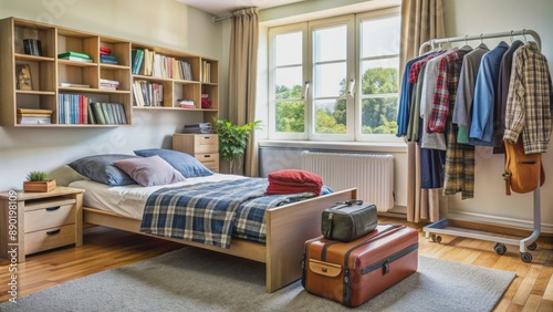 Neatly arranged dorm room with open suitcase, books, and clothes scattered around, awaiting student's personal touches on first day.