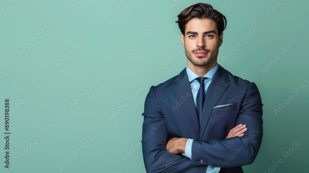 Confident businessman in a stylish blue suit standing with arms crossed against a green background. Professional corporate portrait. Confident businessman in a stylish blue suit standing with arms crossed against a green background. Professional corporate portrait.