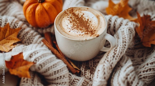 Warm cup of latte sprinkled with cinnamon closeup image. Comforting pumpkin spice latte nestled on chunky knit blanket close up photography. Hygge drink concept photo realistic