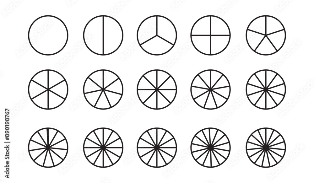 Circles divided in segments from 1 to 15 set, Pie Geometry Mathis Mathematical Education Diagram. different number of sectors divides the circle , Circles divided in segments from 1 to 15 set, Pie Geometry Mathis Mathematical Education Diagram. different number of sectors divides the circle ,