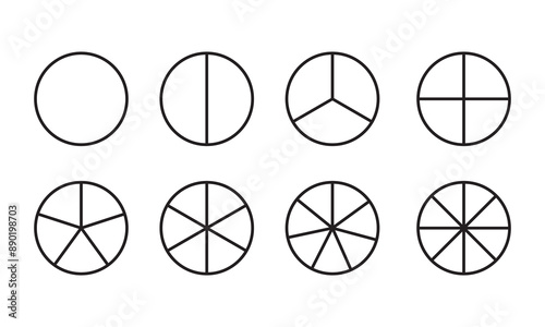 Circles divided in segments from 1 to 8 set, Pie Geometry Mathis Mathematical Education Diagram. different number of sectors divides the circle ,