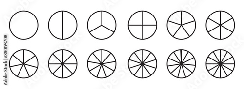 Circles divided in segments from 1 to 12 set, Pie Geometry Mathis Mathematical Education Diagram. different number of sectors divides the circle ,