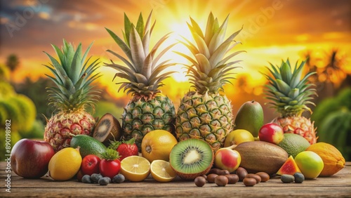 Vibrant arrangement of colorful tropical fruits such as pineapples, mangoes, and kiwis against a warm sunny background.