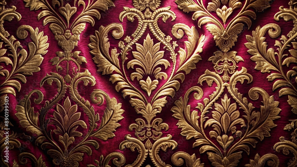 High-resolution shot of a velvet damask fabric, capturing the luxurious, textured patterns and deep, rich colors under dramatic lighting.