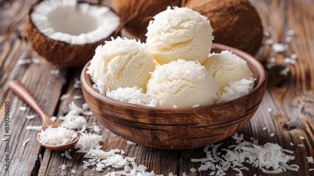 Bowl with balls of coconut ice cream topped with desiccated coconut, set on a wooden table. Bowl with balls of coconut ice cream topped with desiccated coconut, set on a wooden table.