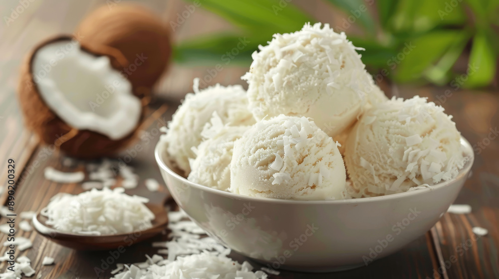 Bowl with balls of coconut ice cream topped with desiccated coconut, set on a wooden table. Bowl with balls of coconut ice cream topped with desiccated coconut, set on a wooden table.