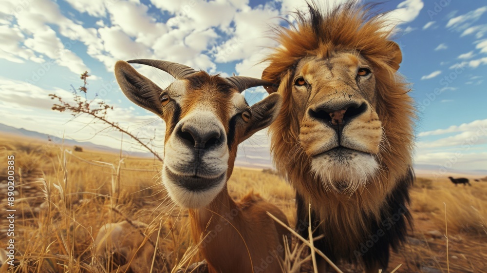 Obraz premium A goat and a lion pose for a close-up selfie