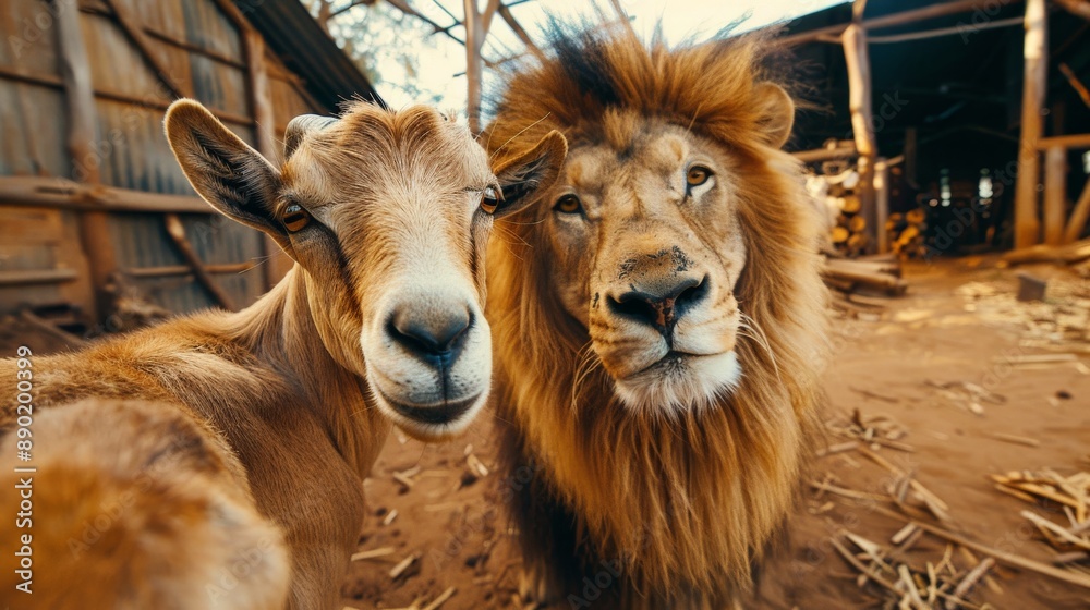 Naklejka premium A curious goat and a majestic lion share a close-up selfie
