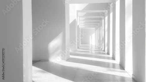 A long, narrow hallway with white walls and white flooring