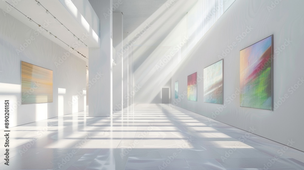 A white room with a few paintings on the wall A white room with a few paintings on the wall