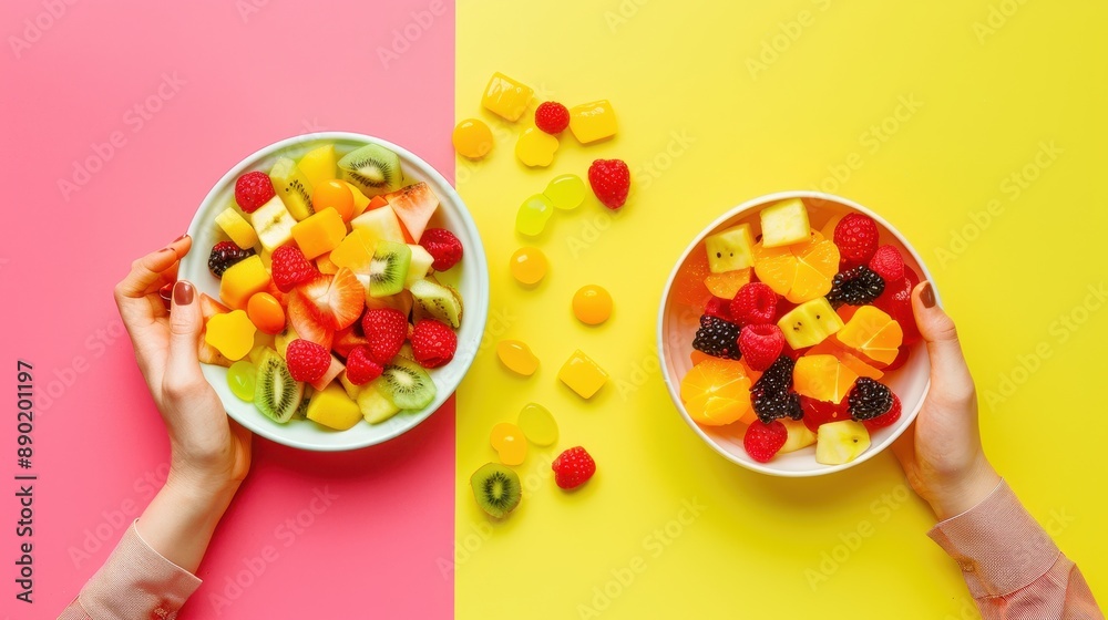 One hand with a fresh fruit salad and another with a bowl of fruit-flavored candy, against a lively fruit-colored background, emphasizing natural sweetness versus artificial flavors. One hand with a fresh fruit salad and another with a bowl of fruit-flavored candy, against a lively fruit-colored background, emphasizing natural sweetness versus artificial flavors.