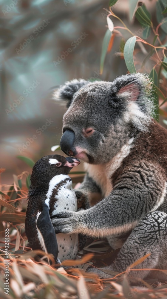 Fototapeta premium A koala and a penguin share a heartwarming moment in a eucalyptus grove