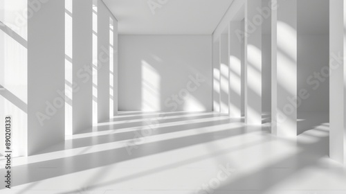 A large, empty room with white walls and white pillars