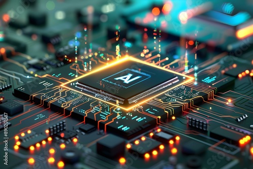 AI microchip on circuit board glowing with data processing elements symbolizing advanced artificial intelligence technology