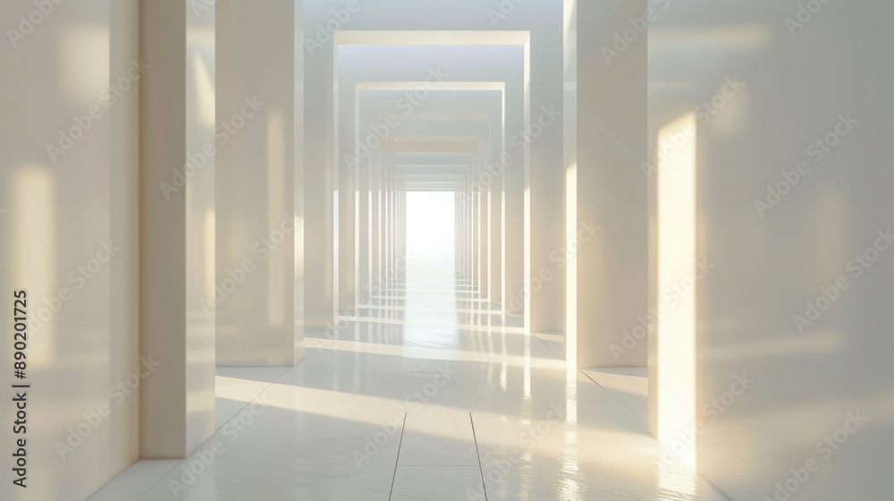 A long, narrow hallway with white walls and a large window A long, narrow hallway with white walls and a large window