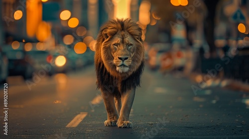 Fototapeta Naklejka Na Ścianę i Meble -  A solitary lion walks down a city road at sunset