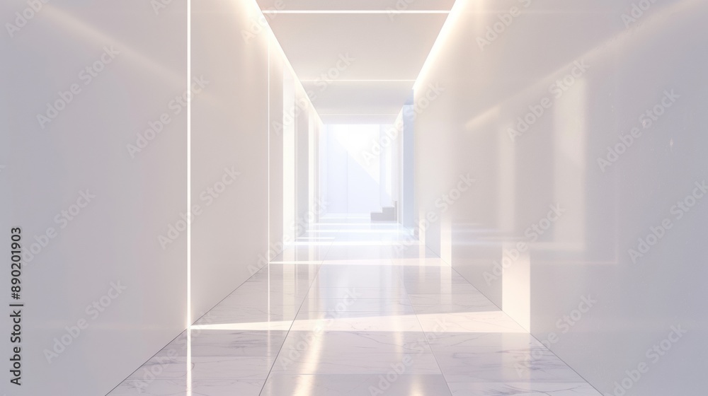 Fototapeta premium A long, narrow hallway with white walls and a white floor