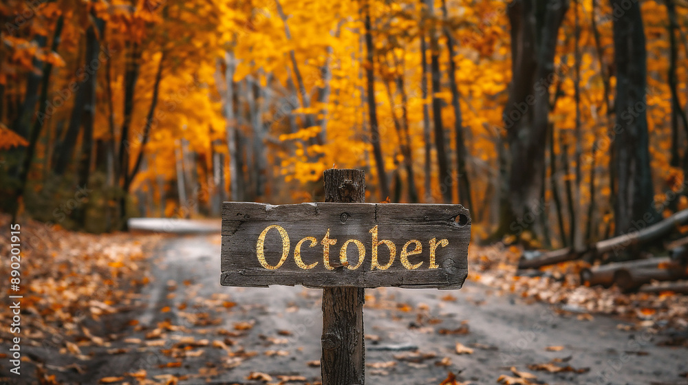 Wooden signboard with the inscription October and autumn leaves on a wooden background Wooden signboard with the inscription October and autumn leaves on a wooden background