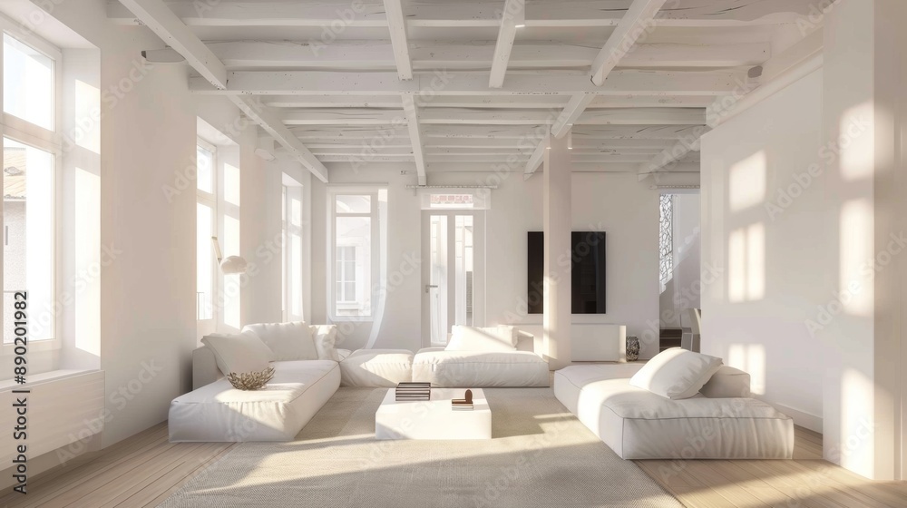 A large, open living room with white walls and white furniture A large, open living room with white walls and white furniture