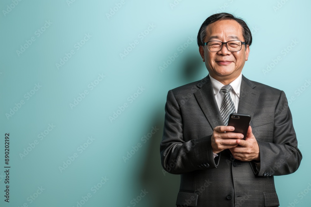 Smiling Senior Asian Businessman in Suit Using Smartphone on Blue Background with Copy Space Smiling Senior Asian Businessman in Suit Using Smartphone on Blue Background with Copy Space