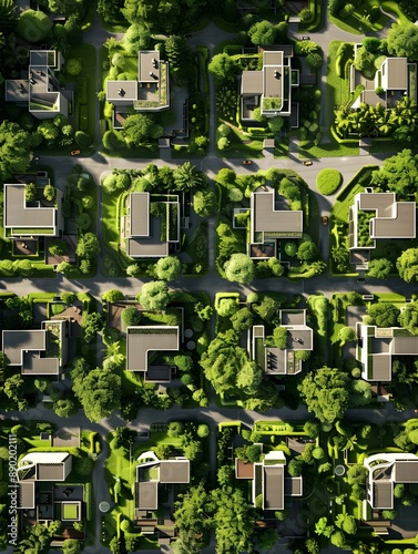 Aerial view of a sustainable green cityscape showcasing lush urban jungle areas, parks, and gardens interspersed among residential houses, promoting eco-friendly living and biodiversity