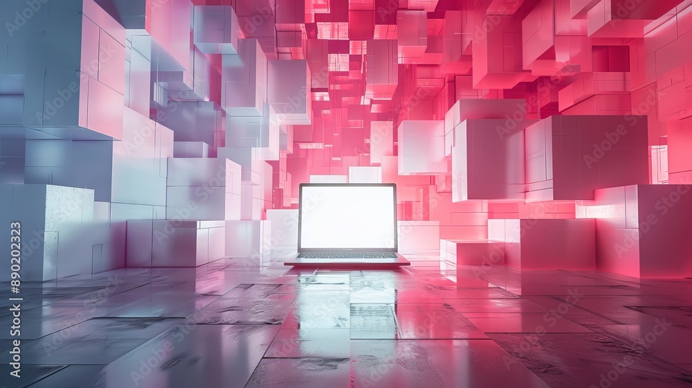Laptop in a Pink and White Cube Room Laptop in a Pink and White Cube Room